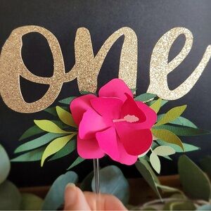 Cake Topper One Year Old Gold and Pink Floral Party Decoration